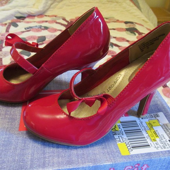 Pop Red Patent Heels Mary Jane Pumps w Bow - Picture 9 of 15